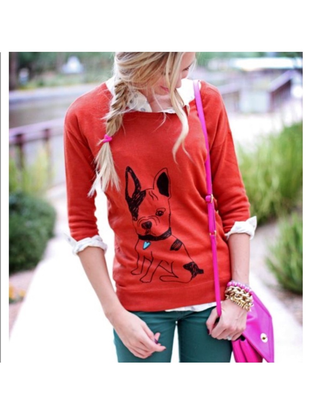 Womens French Bull Dog Crewneck Boatneck Sweater Size XL Wool Blend Artsy Soft